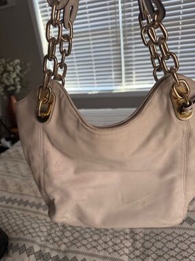 Michael Kors Beige Shoulder Bag with Gold Chain Handles